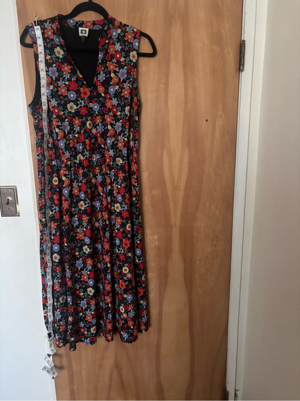 Anne Klein Black Floral Midi Dress with Red, Blue, and Yellow Flowers
